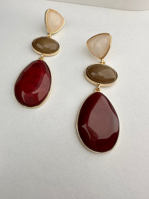 Haki Kırmızı Sallantılı Gold Küpe