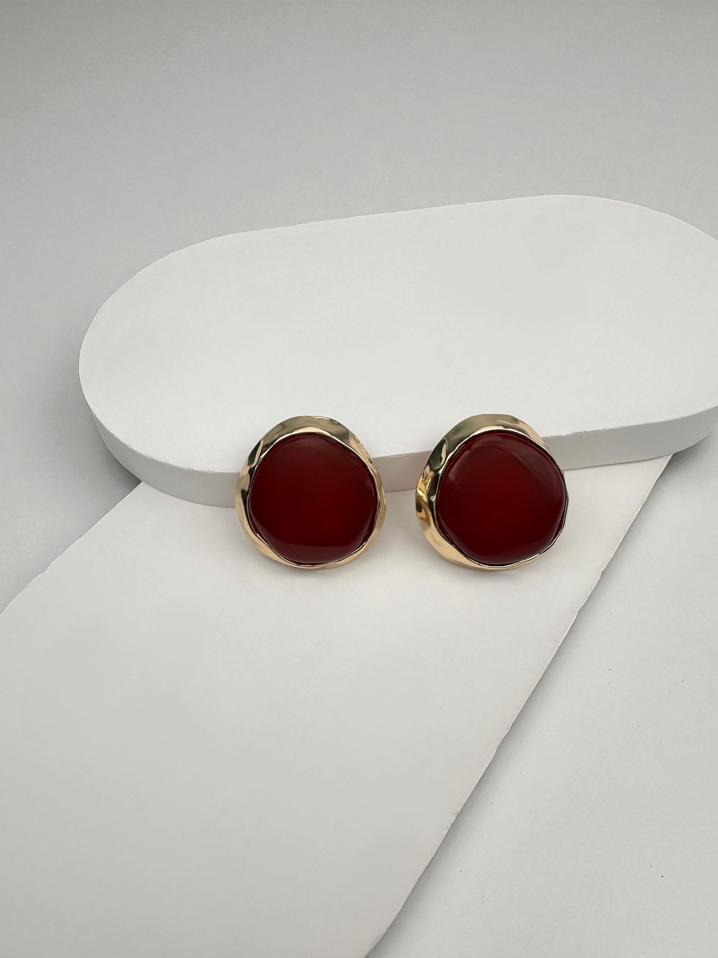 Kırmızı Gold Yuvarlak Tasarım Küpe