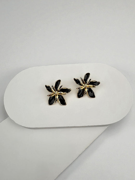Siyah Gold Çiçek Tasarım Küpe